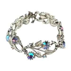 Coro Rhinestone Flower Link Chain Bracelet AB Rhodium Plated Floral Leaf Vintage